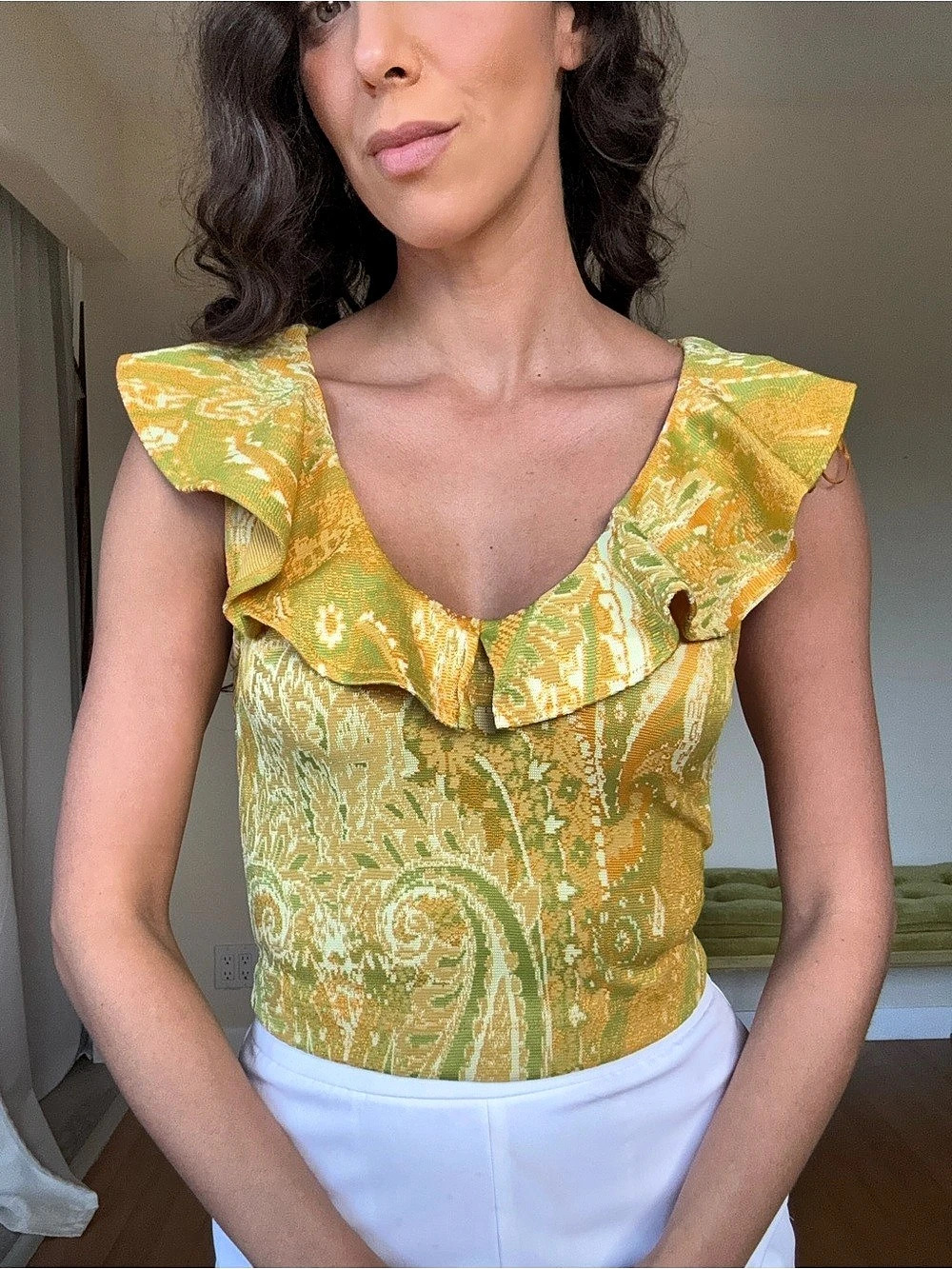 ZARA Paisley Ruffle Sleeve Top in Green & Yellow Size Medium Like